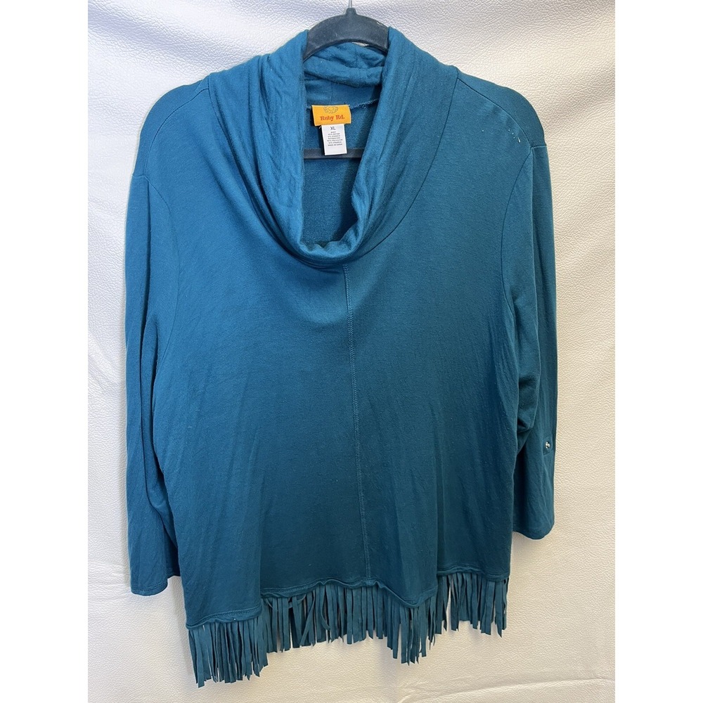 Women's Terre Bleue Teal Cowl Neck  Top Size Xl  3/4 Sleeve Tab Fringe Hem